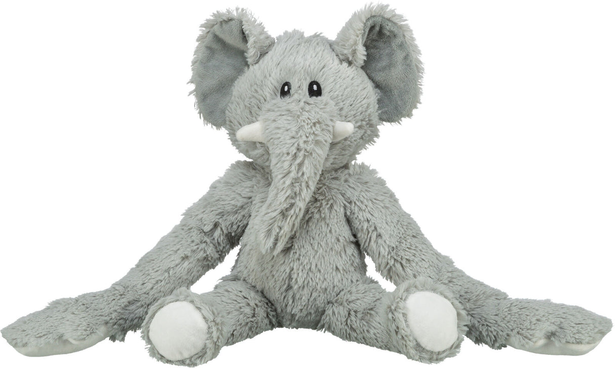 Graues Plüschelefant-Spielzeug mit großen Ohren und langen Armen und Beinen, sitzt aufrecht vor weißem Hintergrund.