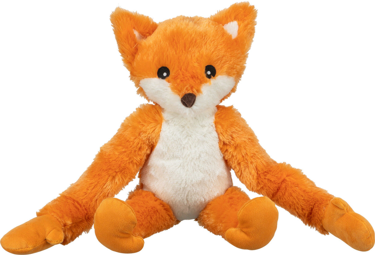 Plüschspielzeug in Form eines orangefarbenen Fuchses mit weißem Bauch und schwarzen Augen.