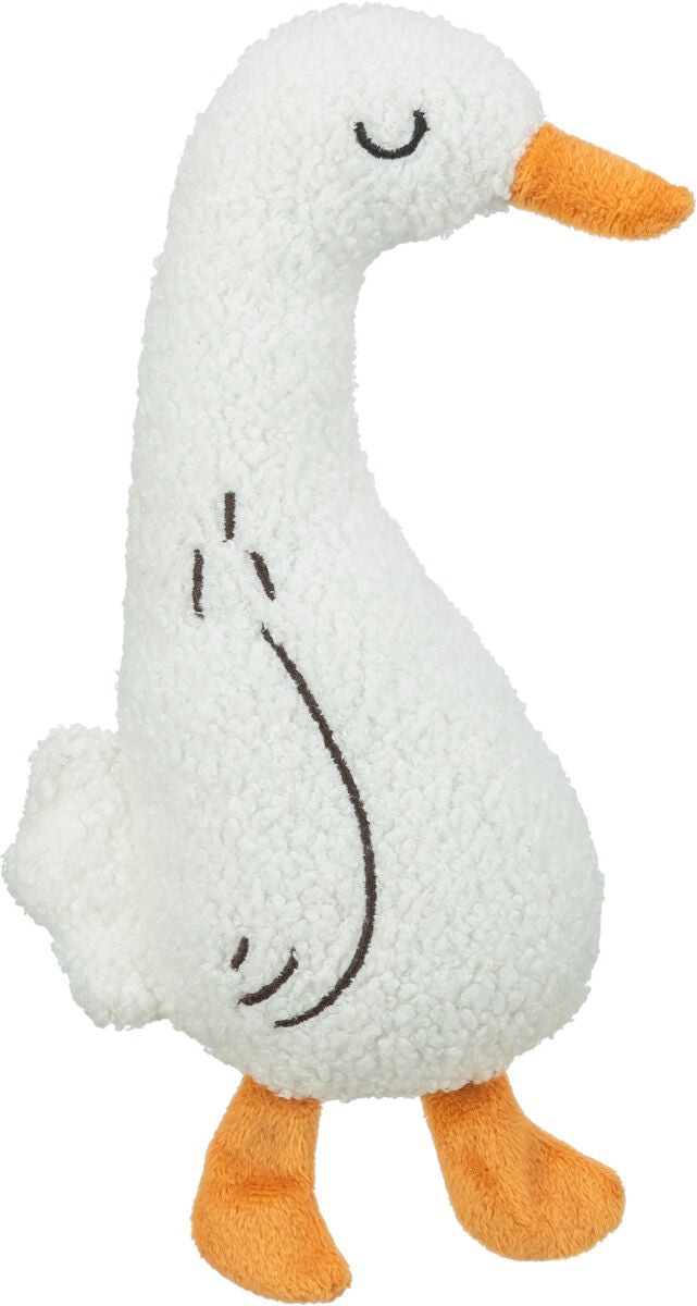Weiches, weißes Kuscheltier in Form eines stehenden Vogels mit orangefarbenem Schnabel und Füßen.