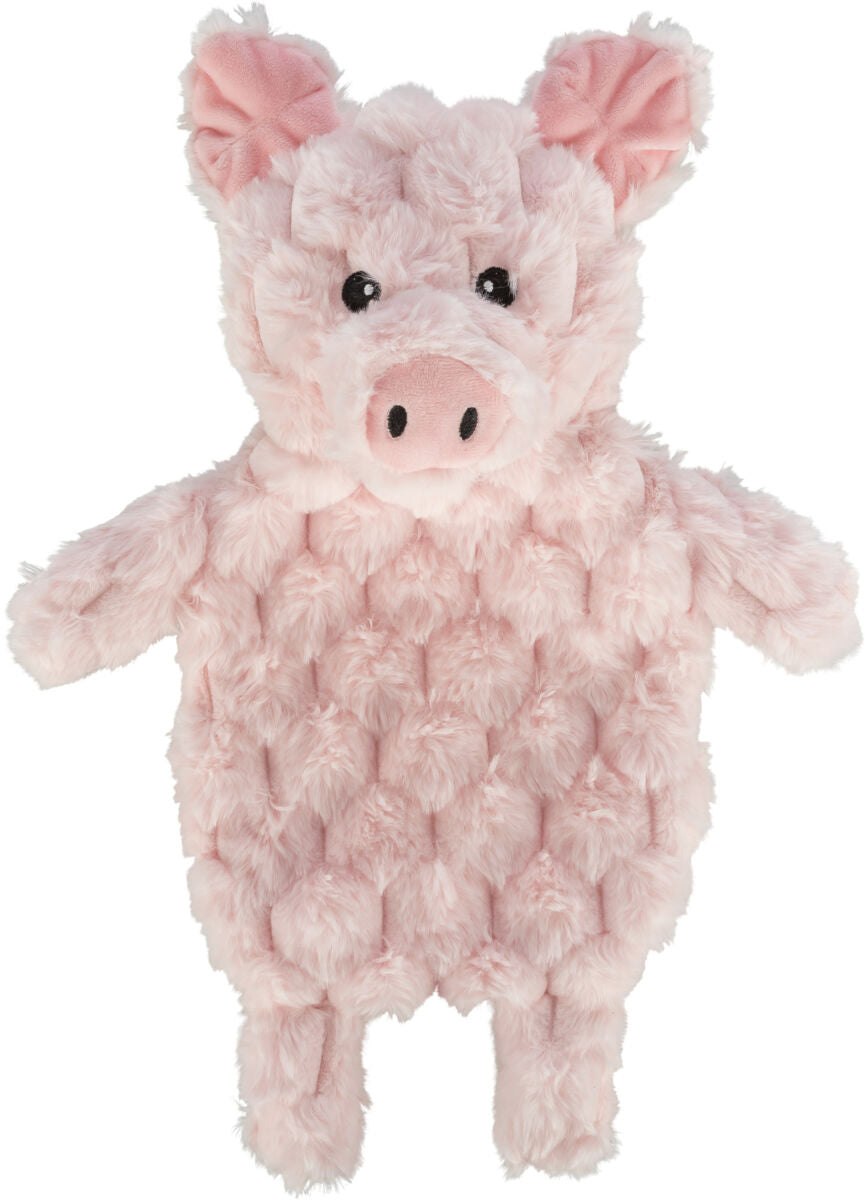 Plüschiges, rosa Schweinespielzeug mit weicher Textur und schwarzen Augen, in stehender Position dargestellt.