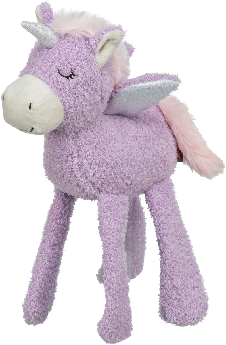 Lila Plüscheinhorn mit Flügeln und rosa Mähne, geschlossene Augen, weißes Maul und weiche Oberfläche.