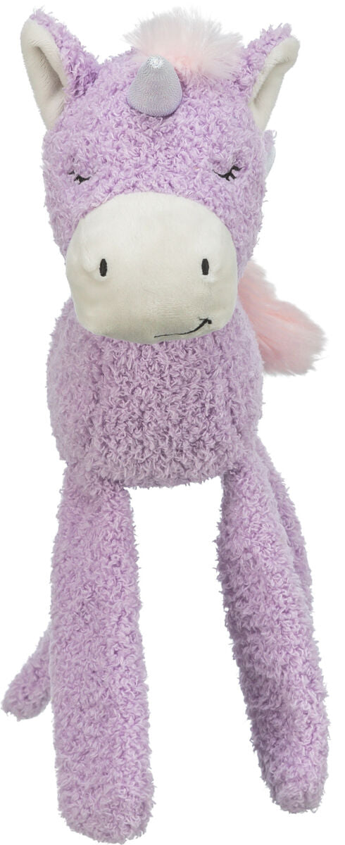 Weiches Plüscheinhorn in Lila mit glänzendem Horn, geschlossenen Augen und rosa Mähne und Schweif.