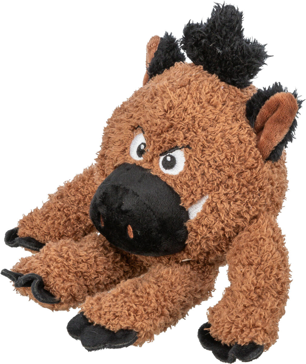 Braunes, plüschiges Spielzeug in Tierform mit schwarzen Details und aufgenähtem Gesichtsausdruck.