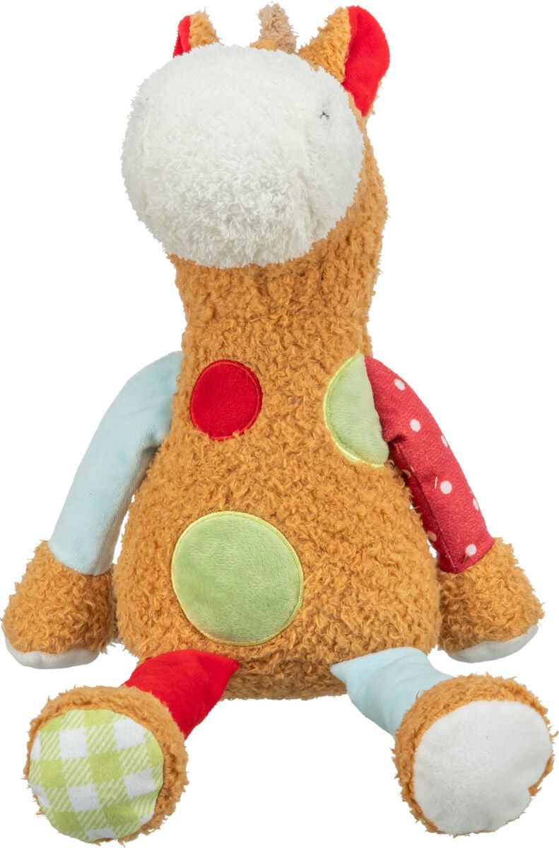 Plüschspielzeug in Form einer Giraffe mit braunem Körper, weißem Gesicht, roten sowie grünen Akzentpunkten.