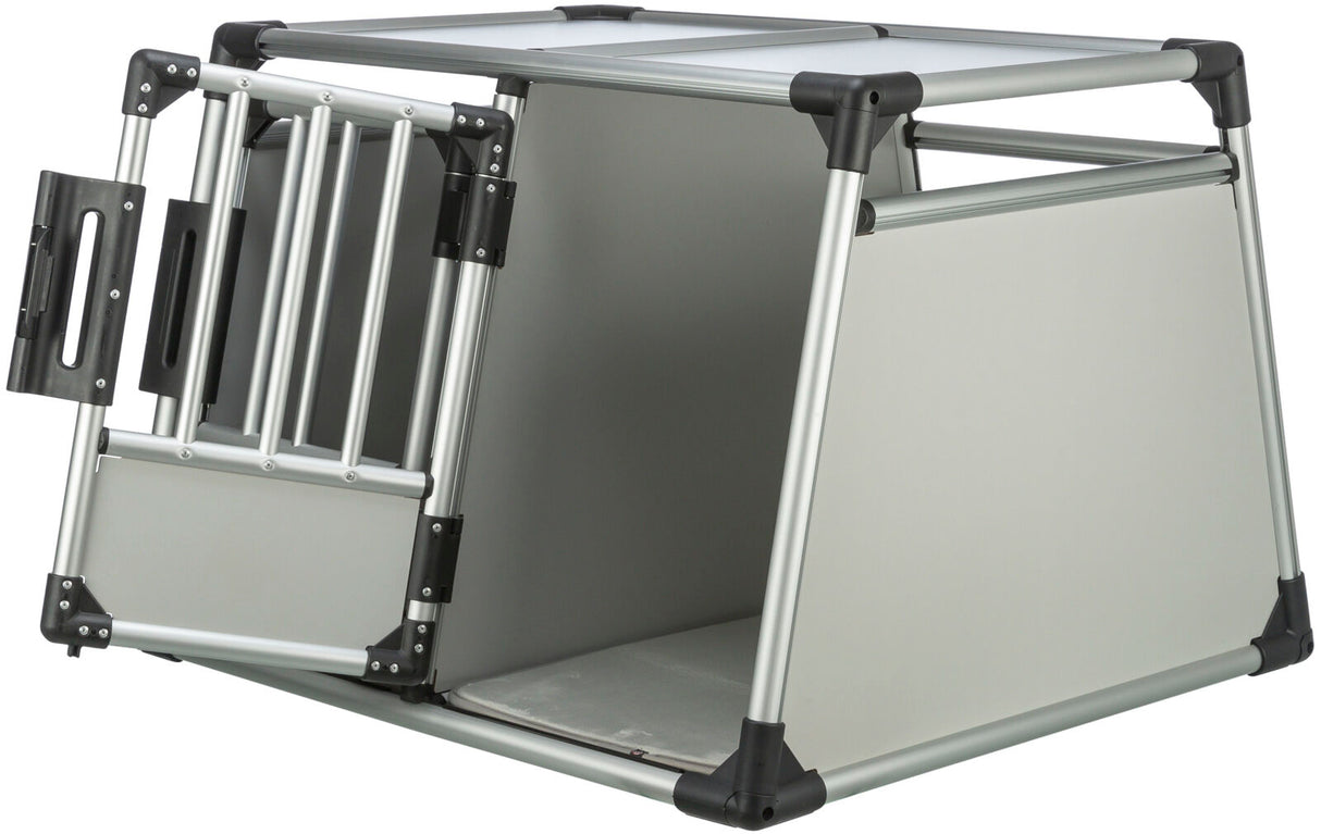 Transportbox aus silbernem Metall mit schwarzem Kunststoffrahmen und Gittertür, rechteckige Form.