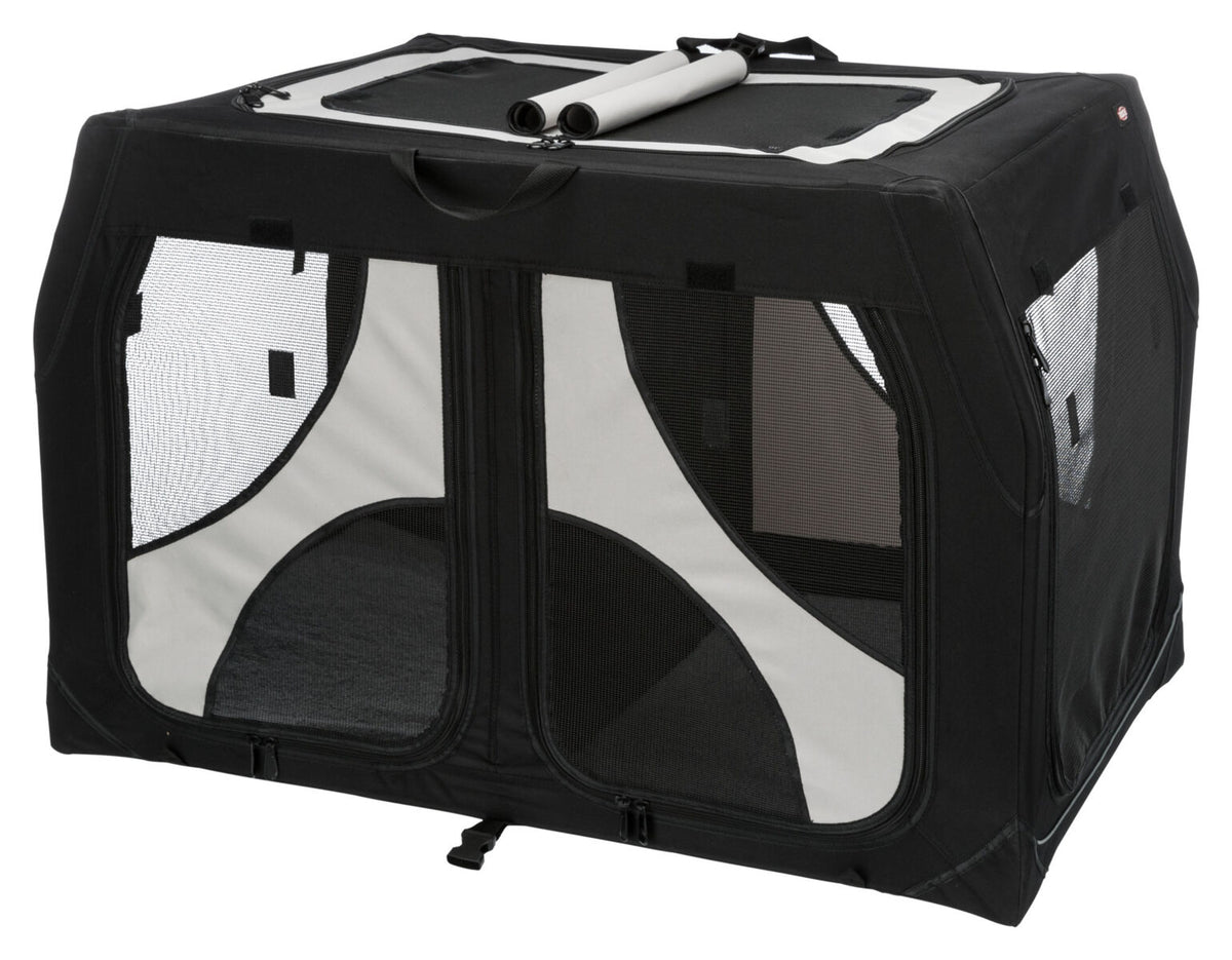 Schwarze und graue Transportbox mit Netzeinsätzen und Tragegriffen, rechteckige Form, zusammenklappbar.