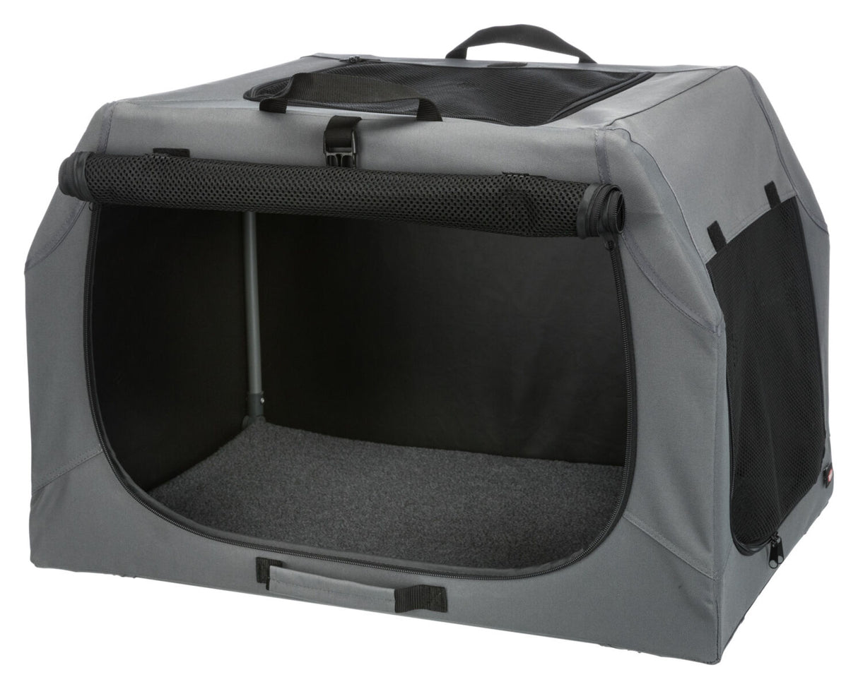 Graue Transportbox mit Netzfenstern und Reißverschlüssen, rechteckige Form mit Tragegriff oben.