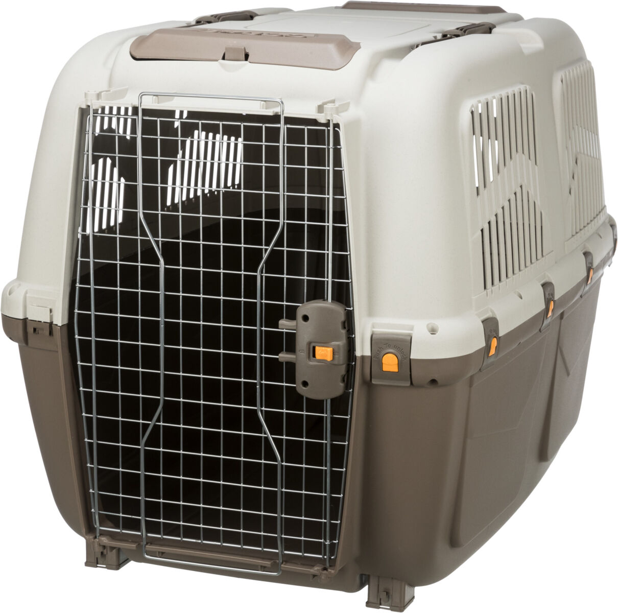 Braune und beige Transportbox mit Gittertür und Lüftungsschlitzen, geeignet für Haustiere.