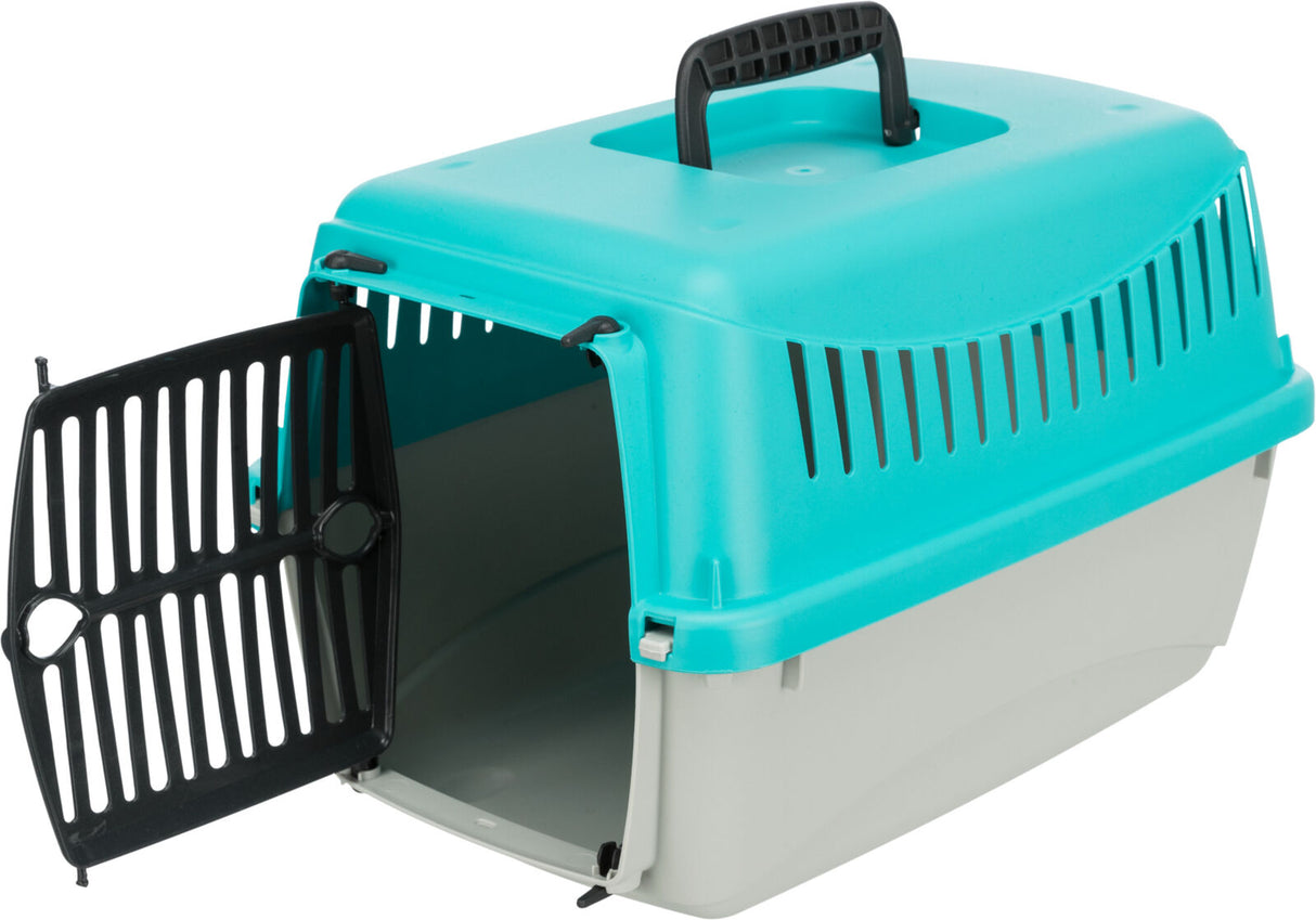Türkisfarbene Transportbox mit schwarzem Griff und offenem Gittertürchen aus schwarzem Plastik.