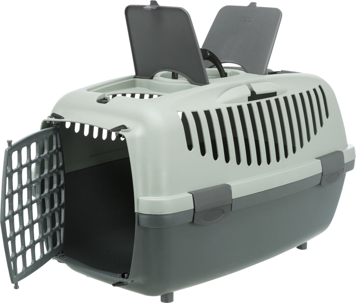 Geschlossene Tiertransportbox aus Kunststoff mit grauen Gittern und zwei Klappen auf der Oberseite in Grau.