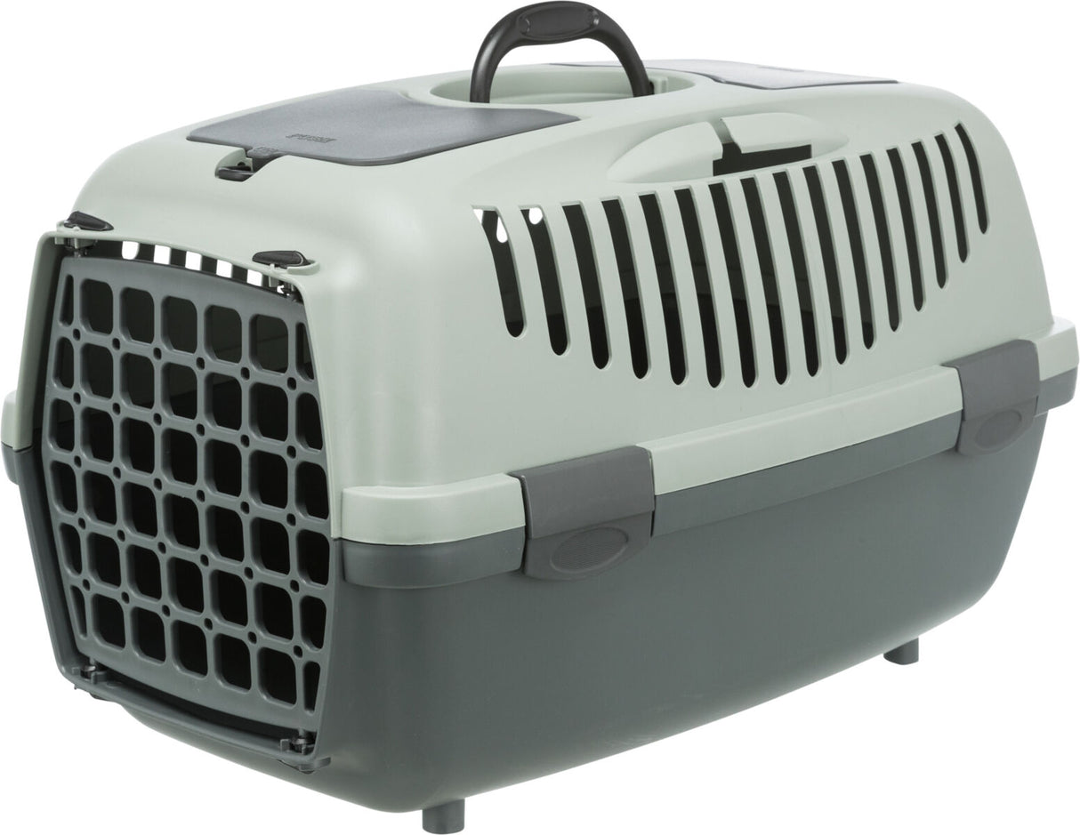 Transportbox mit grauen und dunklen Elementen, Lüftungsschlitzen, Gittertür und Griff oben.