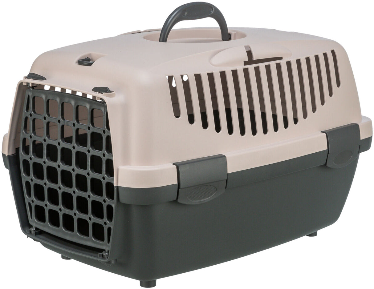 Transportbox in Beige und Dunkelgrau mit Gittertür und Lüftungsschlitzen, oben Griff.
