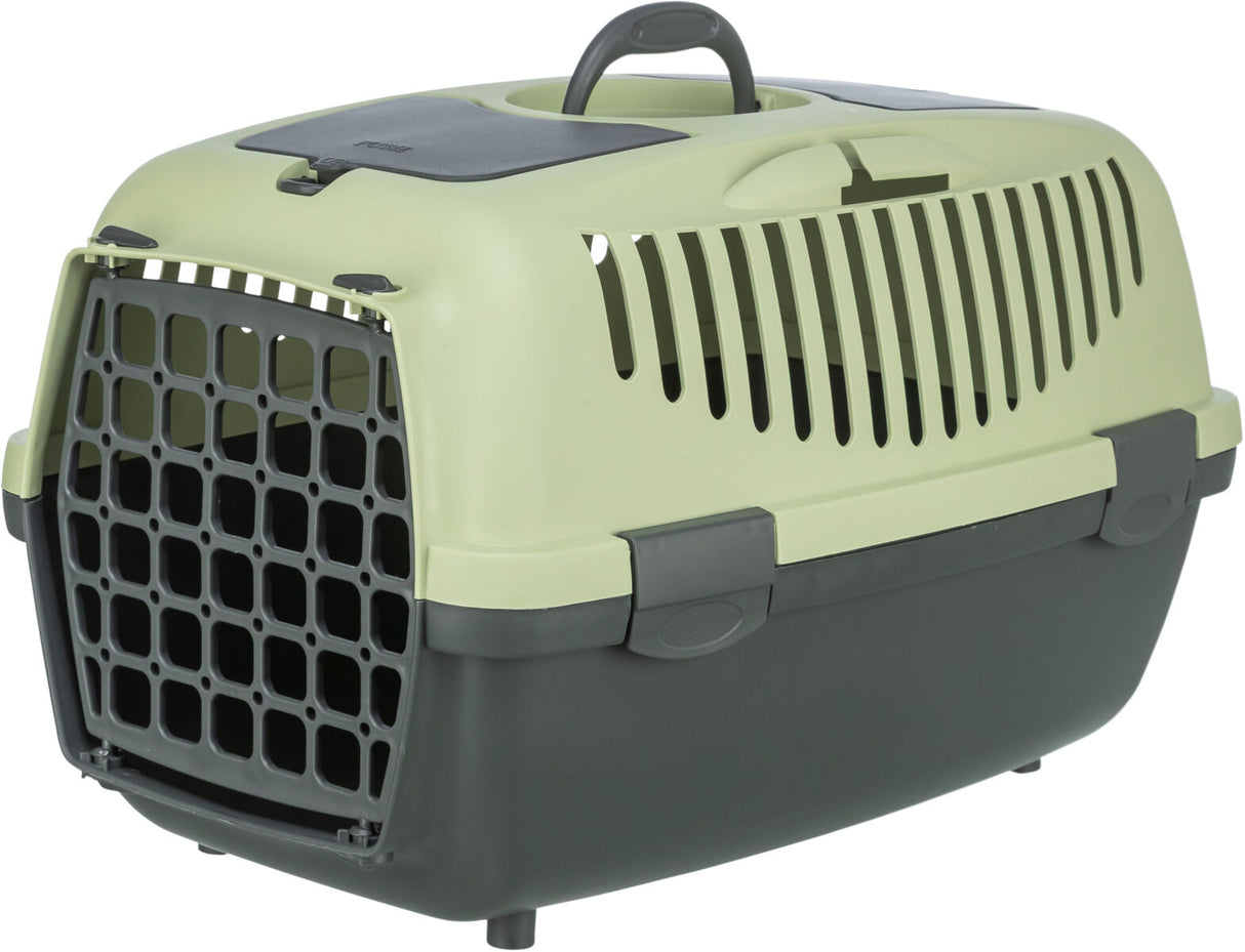 Transportbox aus Kunststoff mit Gittertür und Tragegriff, in Beige und Grau, belüftet an den Seiten und oben.