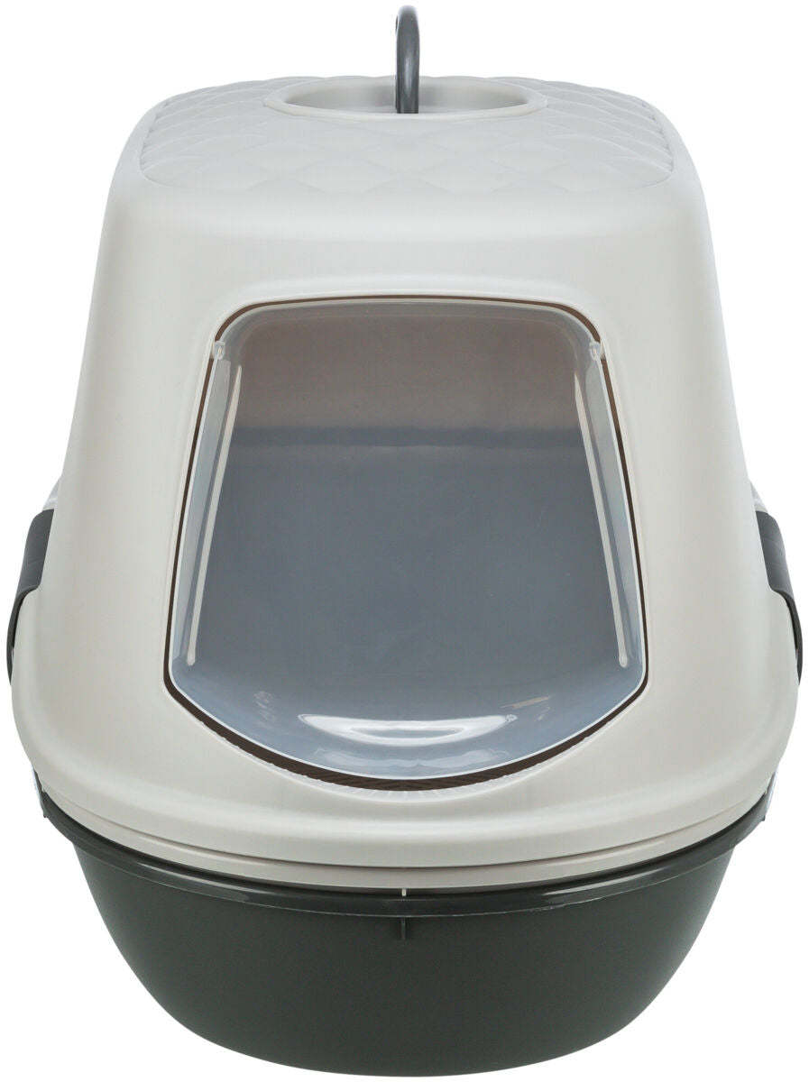 Geschlossene Katzentoilette in Weiß und Grau mit transparenter Frontklappe und Tragegriff oben.