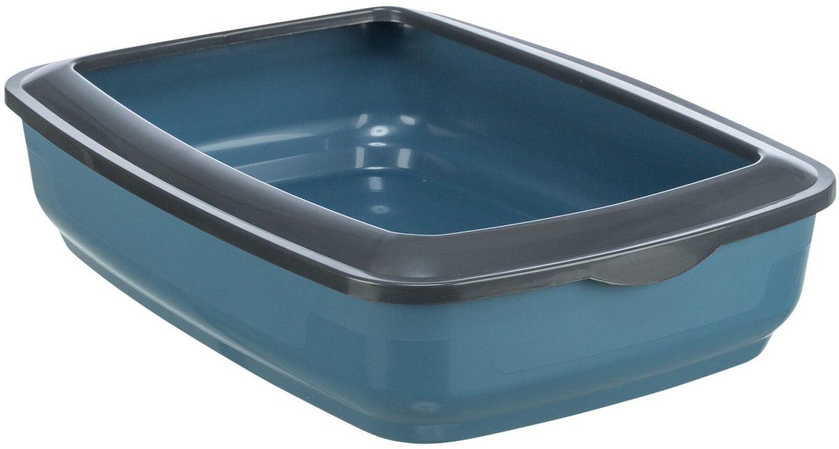 Rechteckige, blaue und schwarze Kunststoffwanne mit erhöhtem Rand und glatter Oberfläche.