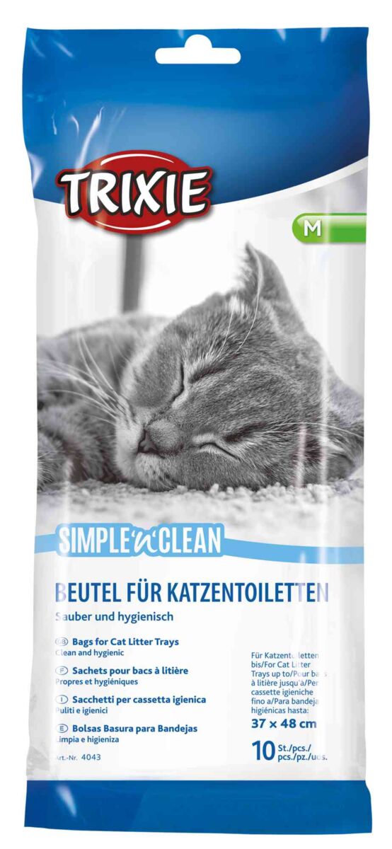 Verpackung von Trixie-Beuteln für Katzentoiletten, zeigt schlafende Katze, Text in mehreren Sprachen, Größe M.