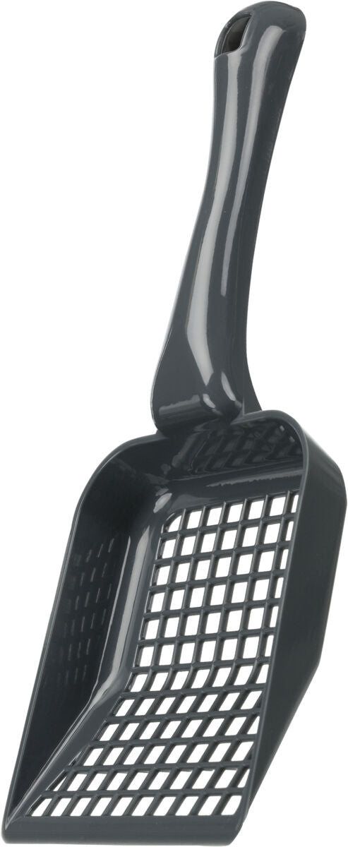 Graue Gitterstreuschaufel mit ergonomischem Griff, ideal zum Reinigen von Streumaterialien.