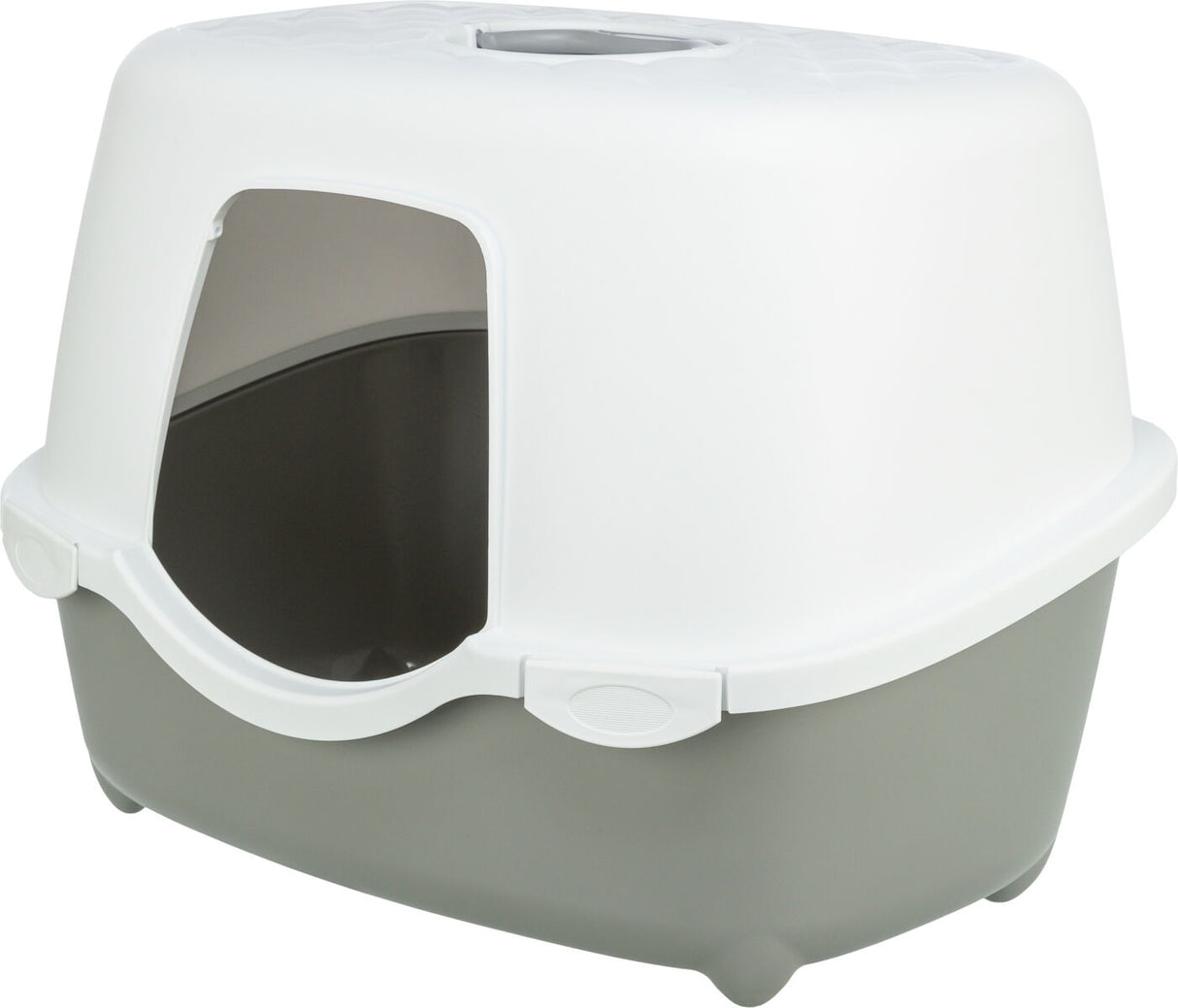 Weiße Katzentoilette mit Haube und grauem Boden, ovale Öffnung an der Vorderseite.