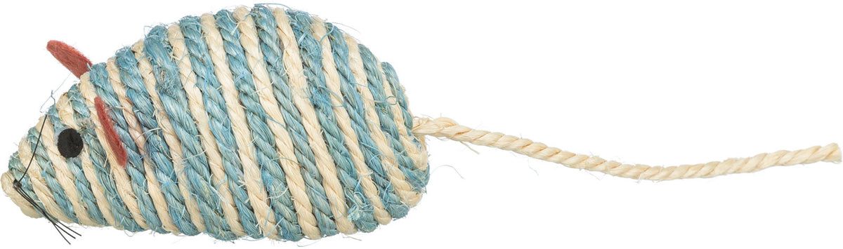 Spielzeug in Form einer Maus aus blauem und beigem Seil mit Schwanz, Augen und Schnurrhaaren aus schwarzen Fäden.