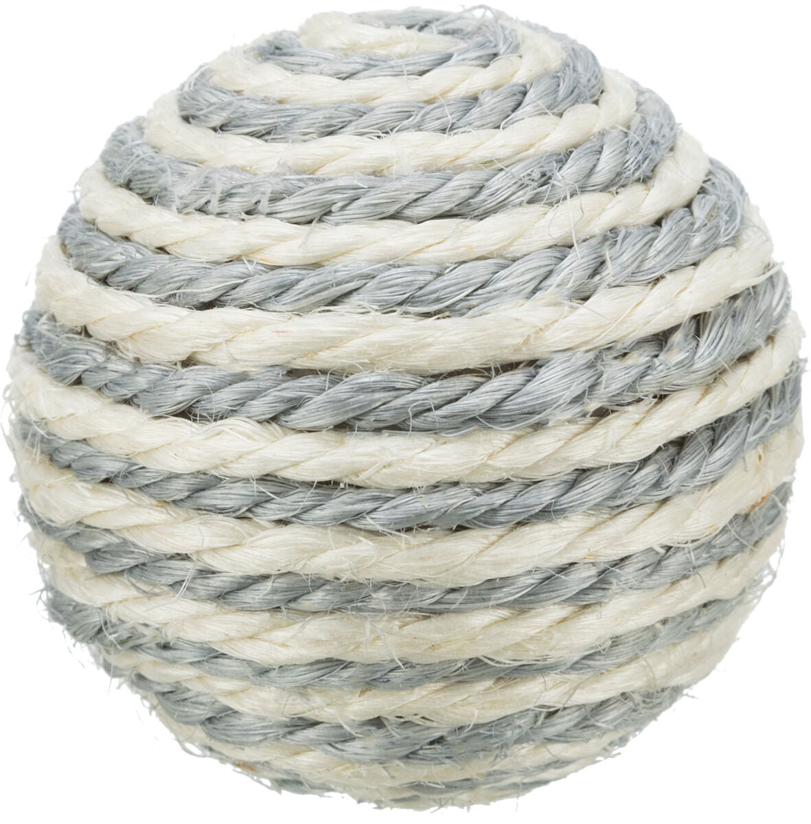 Spiralförmig gewickelter Ball aus beigem und grauem Seil in Nahaufnahme, straff und gleichmäßig gewickelt.