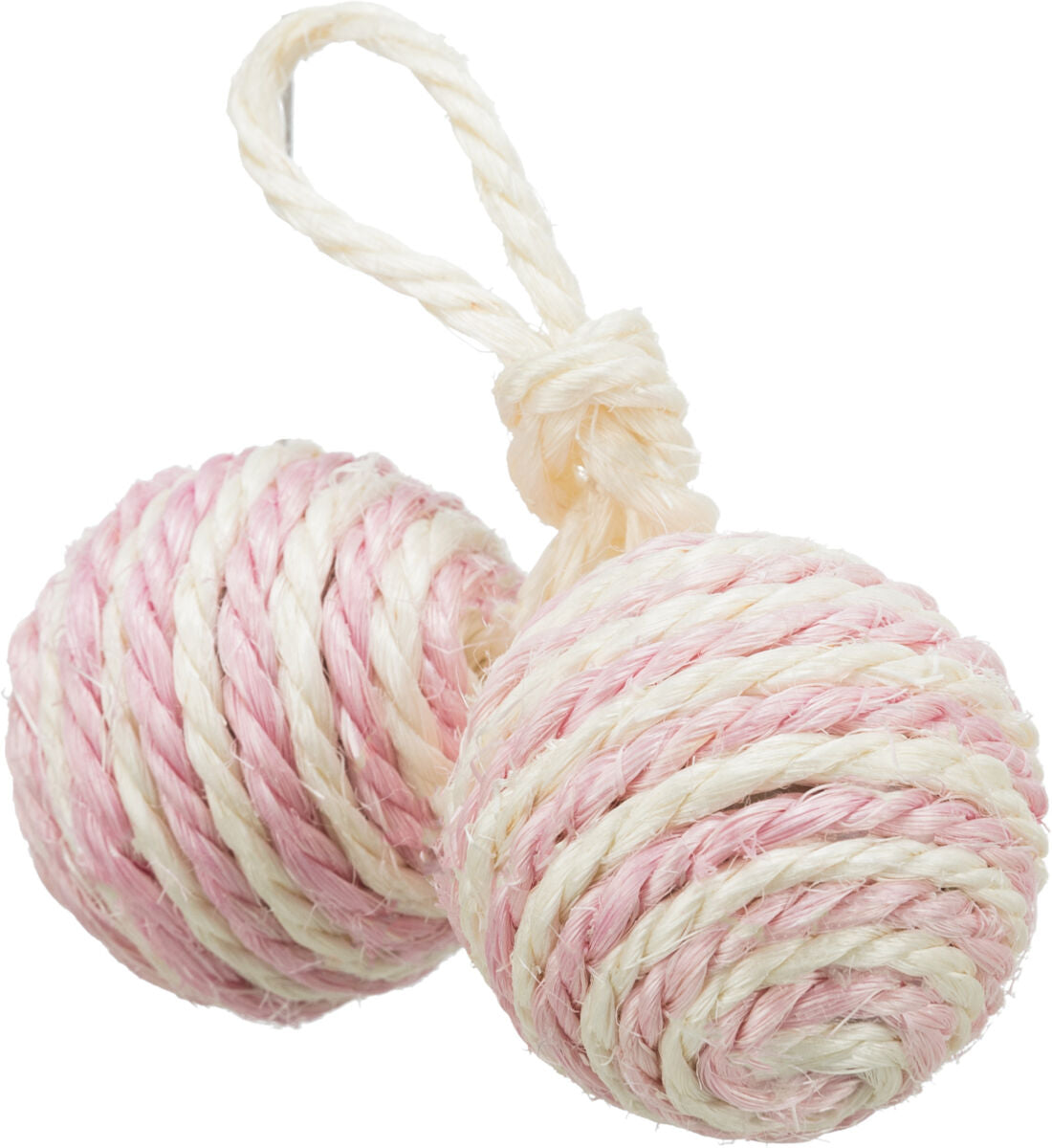 Zwei kugelförmige Bälle aus geflochtenem, zweifarbigem Seil in Rosa und Beige mit einer Schlaufe verbunden.