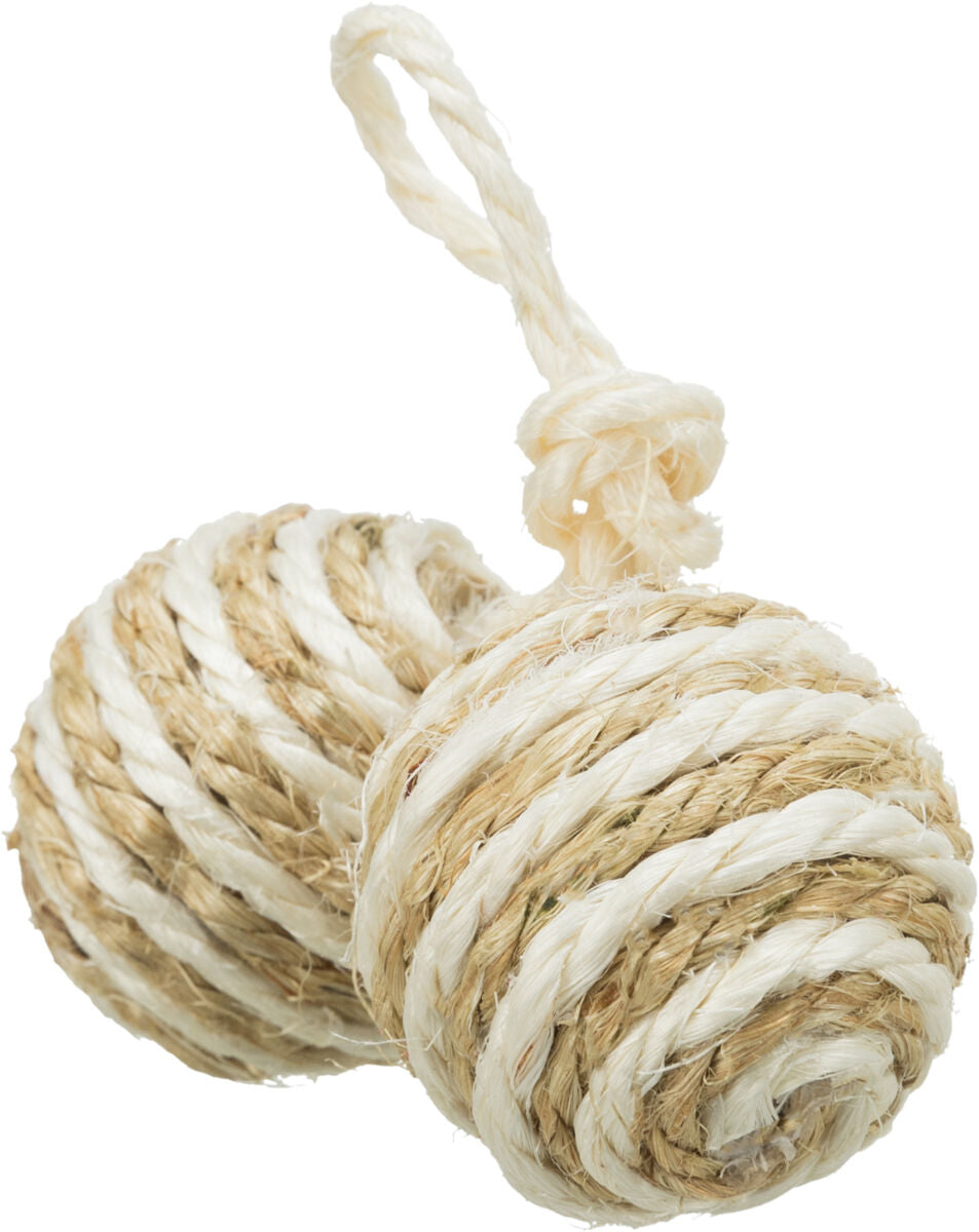 Zwei beige-weiße Sisal-Seile sind zu Kugeln geformt und mit einem Knoten und Schlaufe verbunden.