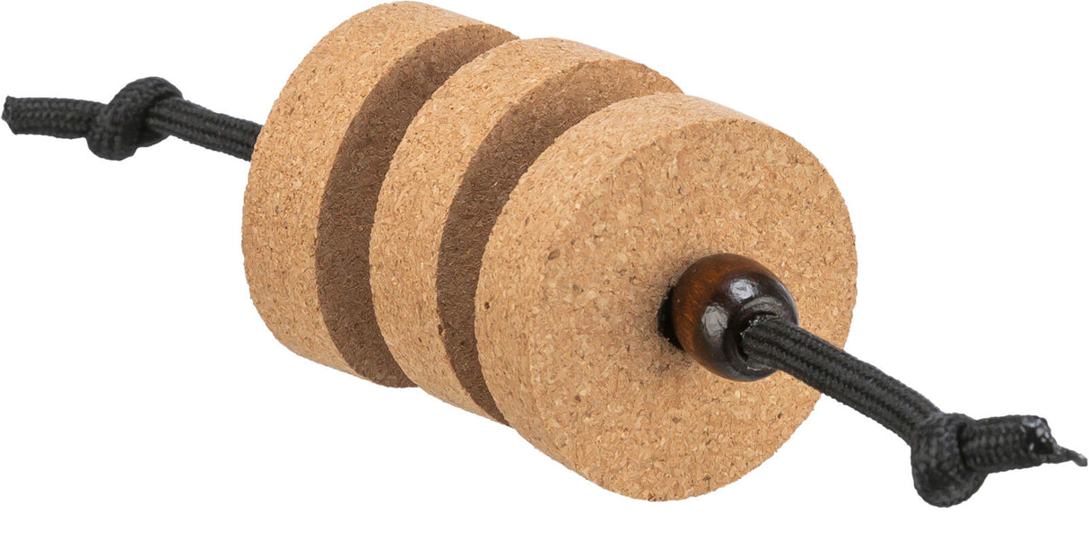 Drei Korkscheiben auf einem schwarzen Seil mit einem Holzknoten auf einer Seite.