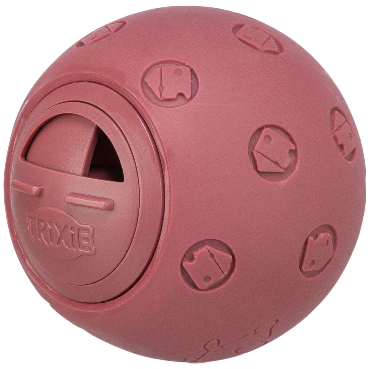 Runder, rosafarbener Ball mit geprägten Mustern und rechteckiger Öffnung, Marke "Trixie" sichtbar.