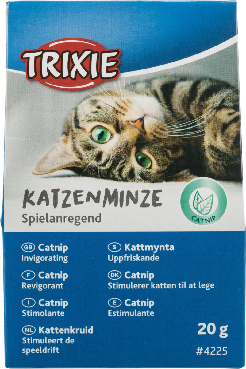 Verpackung von Katzenminze der Marke Trixie mit Bild einer Katze, Text "Spielanregend" und 20 g Gewicht.
