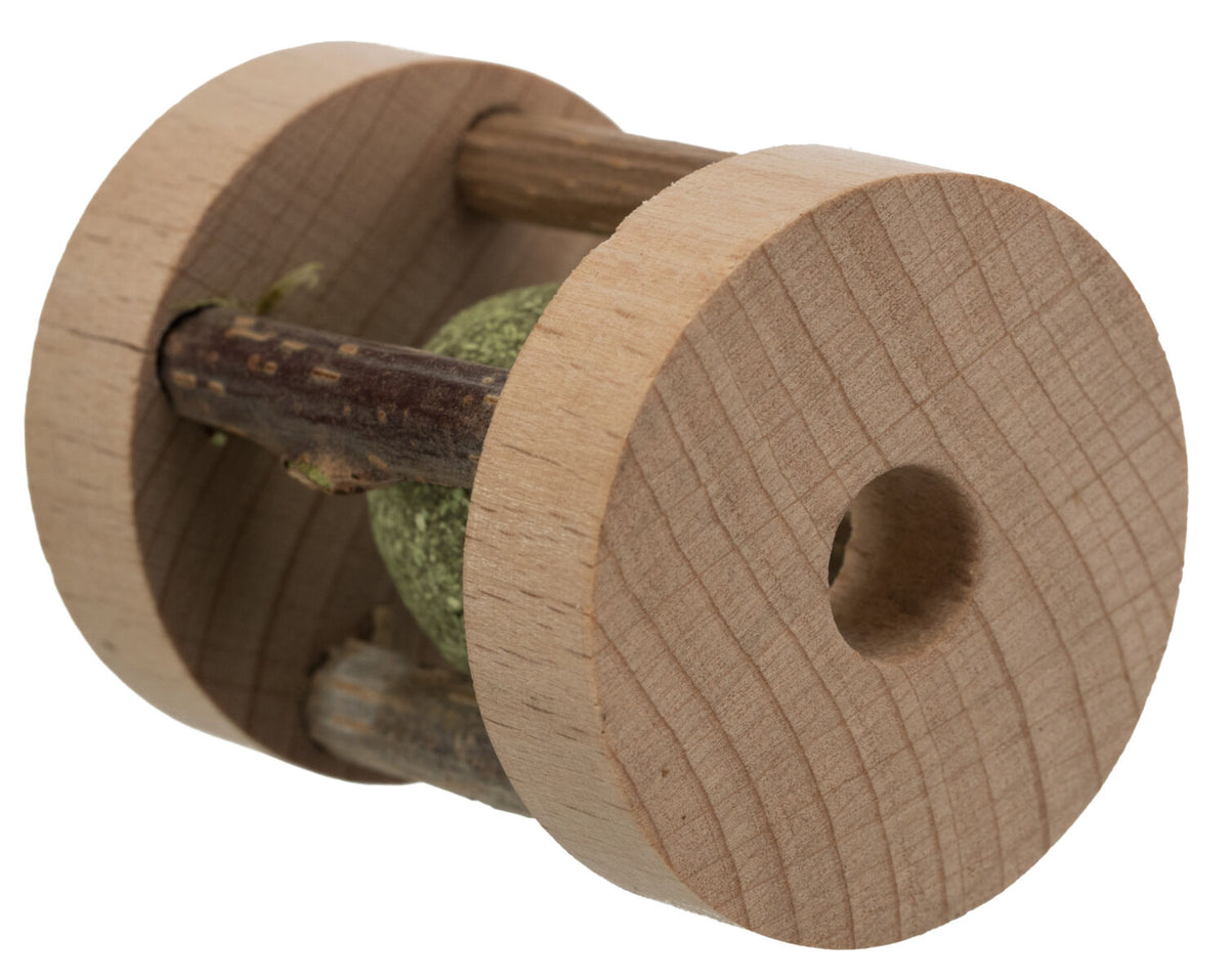 Holzspielzeug in Zylinderform mit zwei Scheiben, verbunden durch drei Stäbe, enthält grüne Kugel.