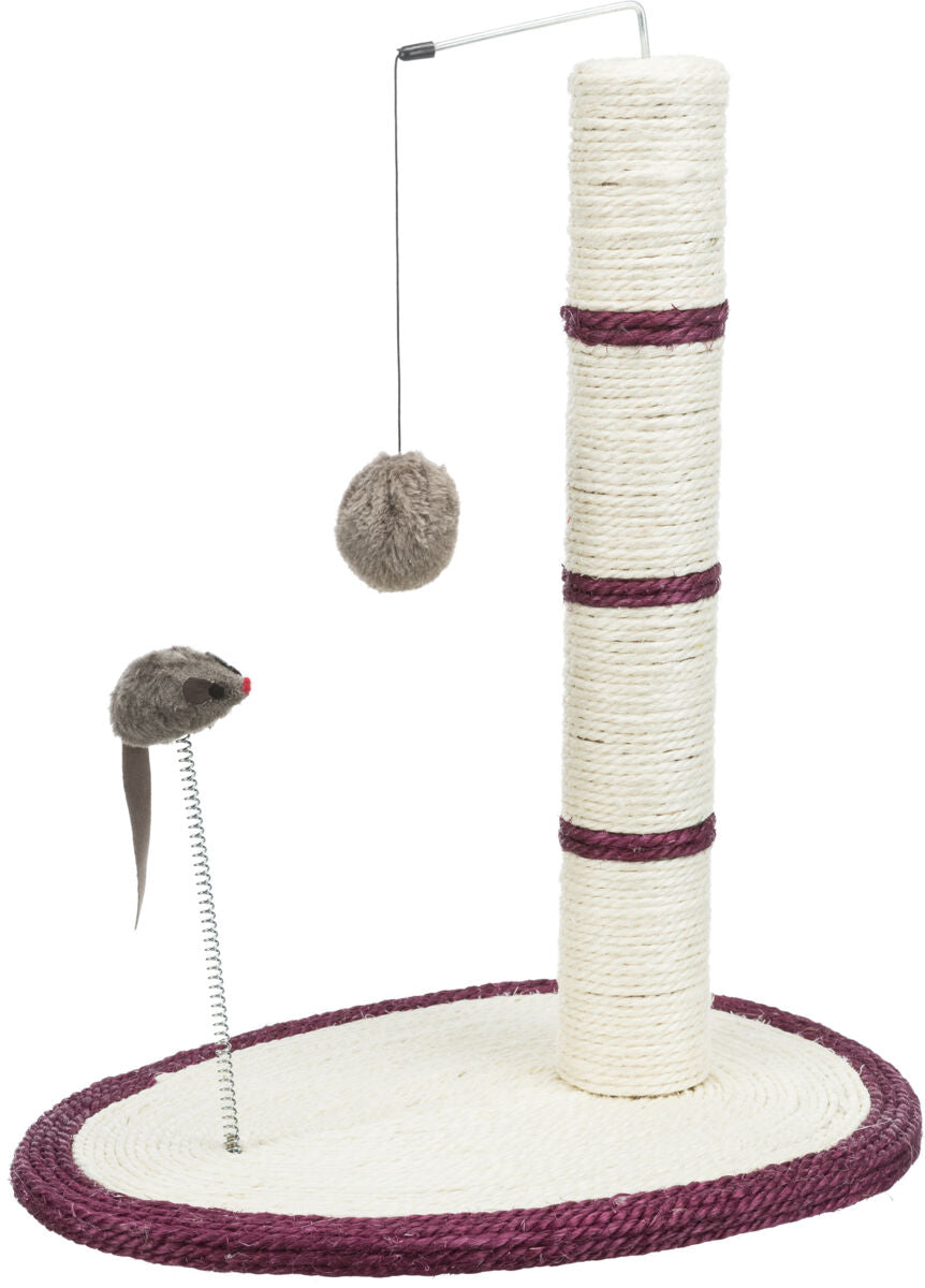 Kratzsäule mit hellem Sisal umwickelt, steht auf ovaler Basis mit lila Einfassung, Spielzeugmaus an Spirale.