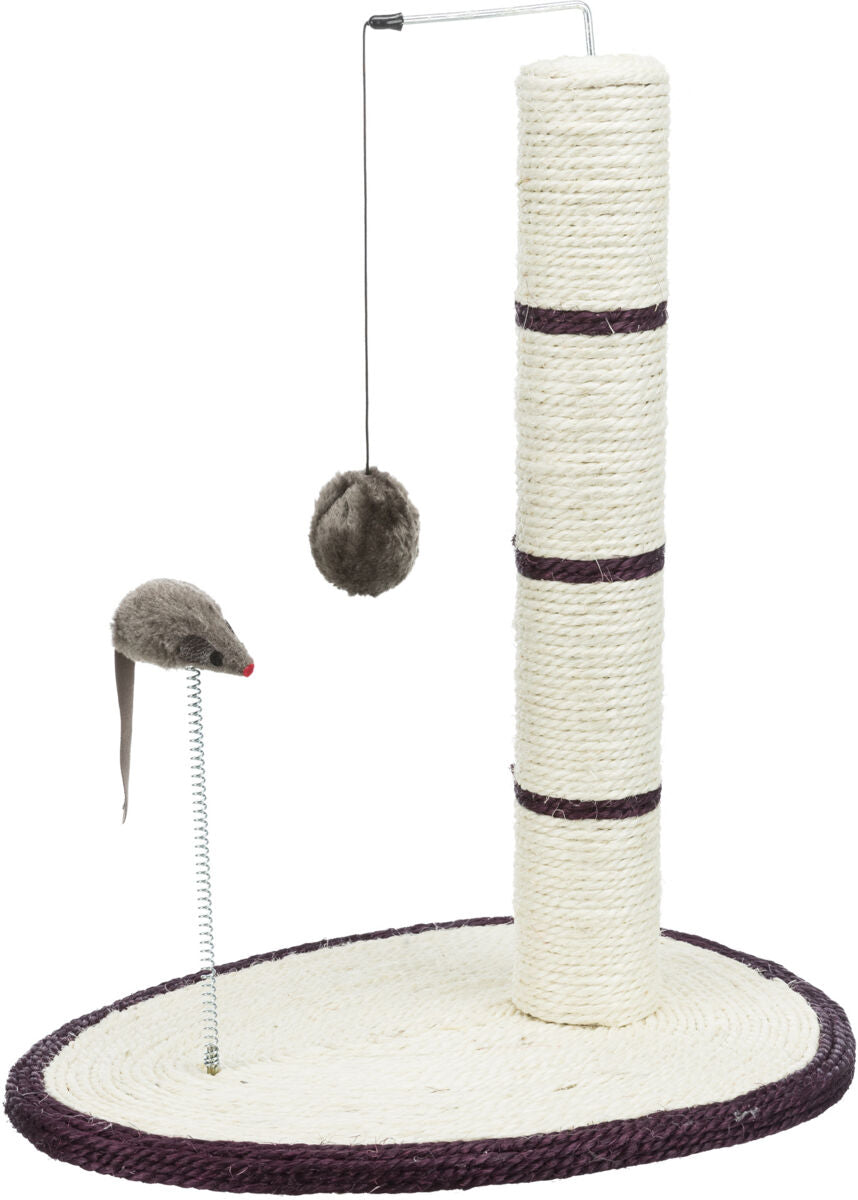 Kratzbaum für Katzen mit beigem Sisalstamm, Spielball an Schnur und aufrecht stehender Plüschmaus auf Spiraldrähte.