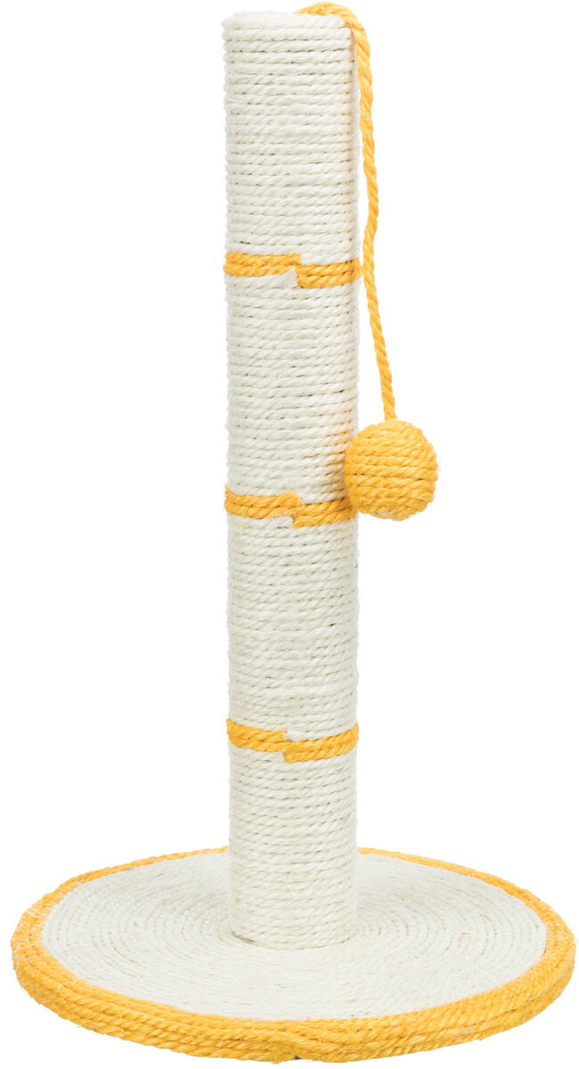 Kratzbaum mit weißem Sisal umwickelter Stange und gelben Akzenten, runde Basis, hängender Ball.
