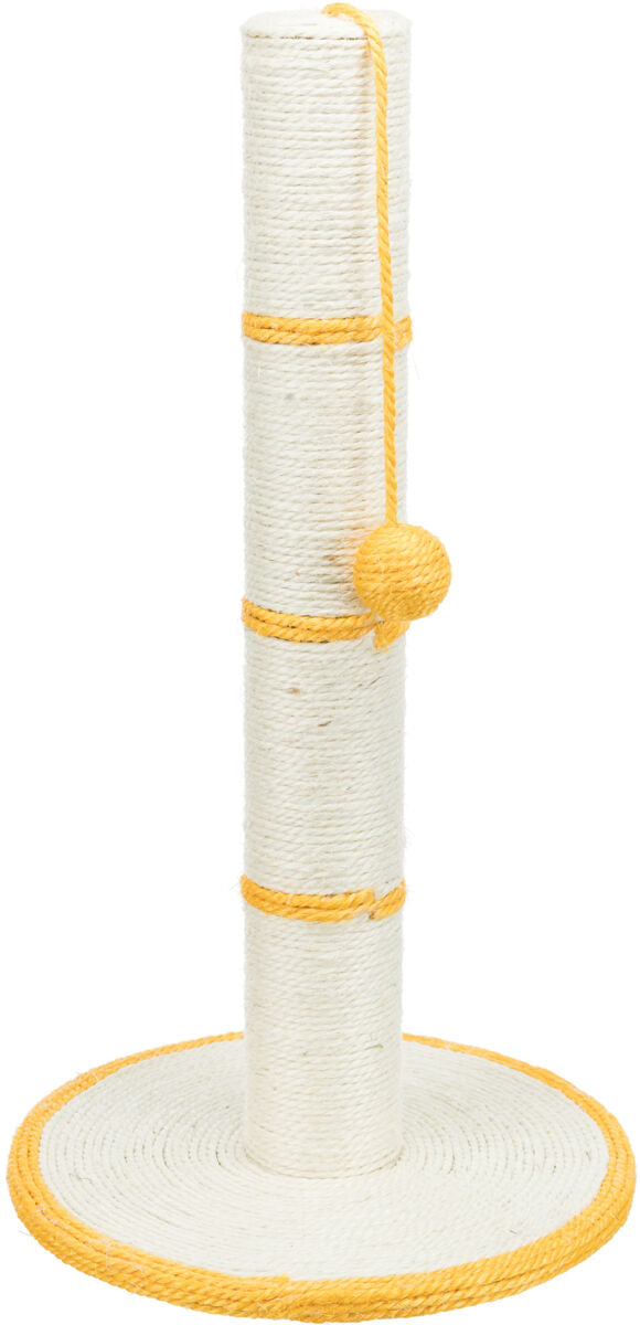 Kratzsäule aus beigem Seil mit gelben Akzenten, runde Basis und hängendem Ball an der Seite.