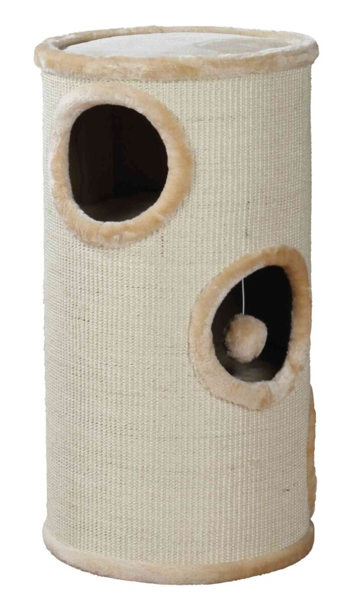 Zylindrischer, beigefarbener Kratzbaum aus Sisal mit mehreren runden Öffnungen, innen ein hängender Plüschball.