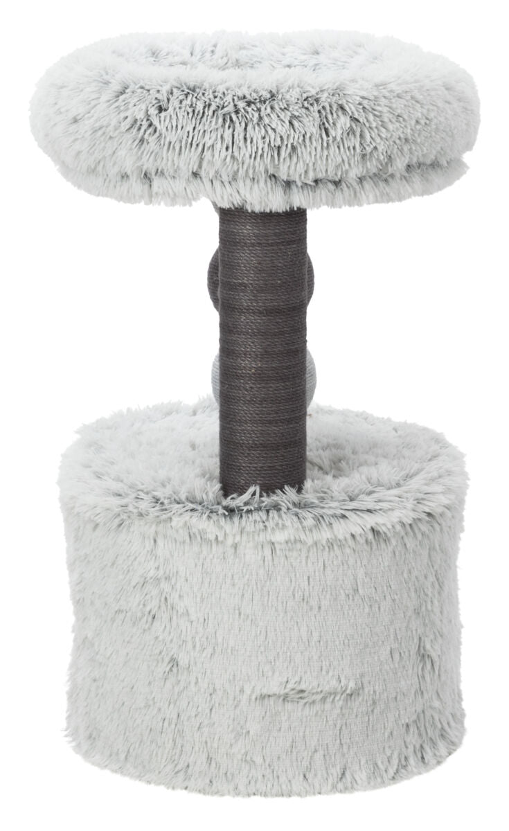Grauer Kratzbaum mit flauschigem Boden und oberen Plattform, mittig eine dunkle Kratzsäule aus Seil.