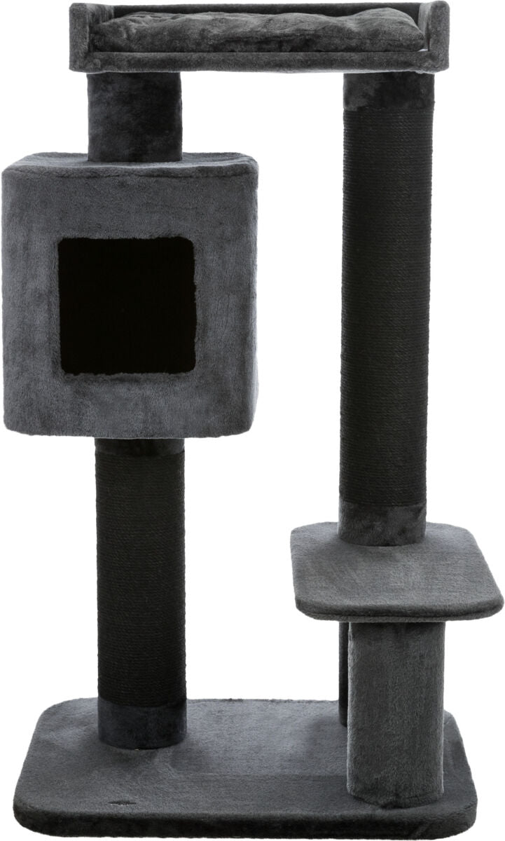 Katzenbaum mit mehreren Ebenen in grau und schwarz, besteht aus einer Höhle und drei Plattformen.
