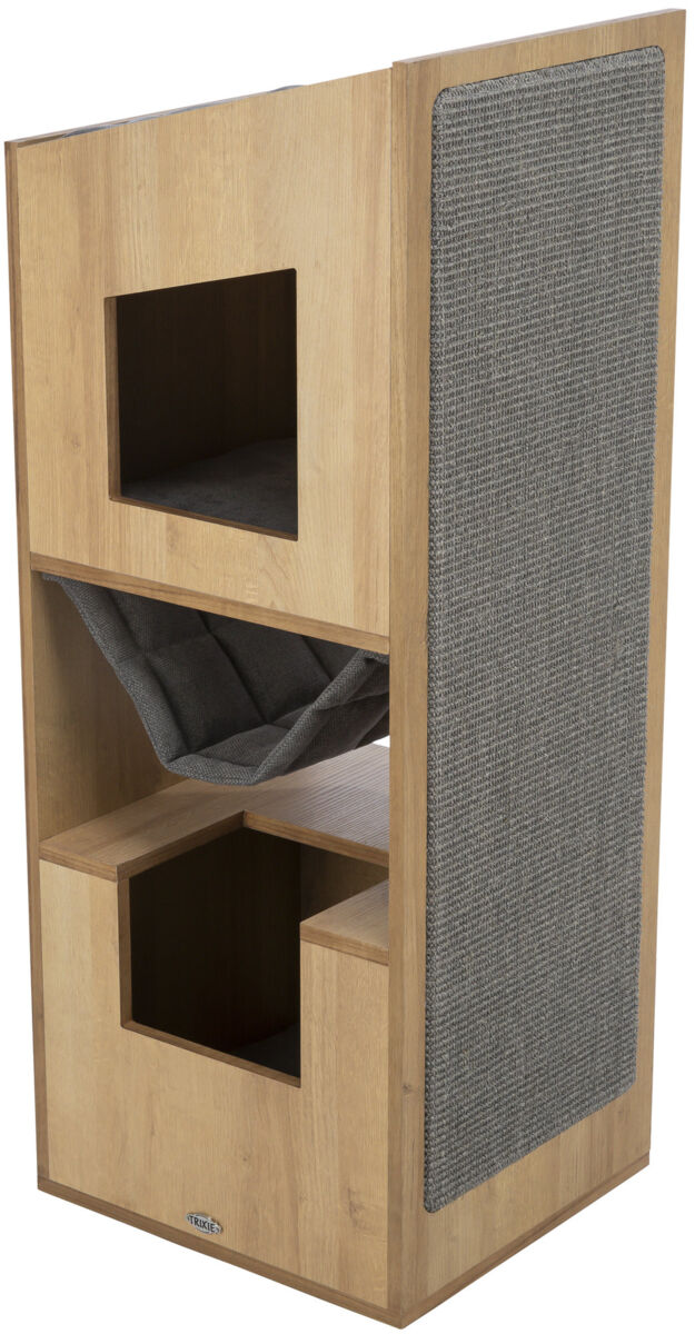 Holzfarbene Struktur mit grauem Stoffpanel, zwei rechteckige Öffnungen und eine hängende Stoffmatte in der Mitte.