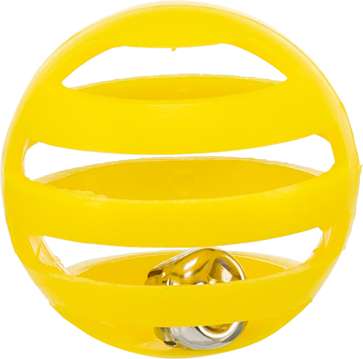 Gelber, durchbrochener Ball mit integrierter kleiner Glocke, aus Kunststoff gefertigt, kugelförmiges Spielzeug.
