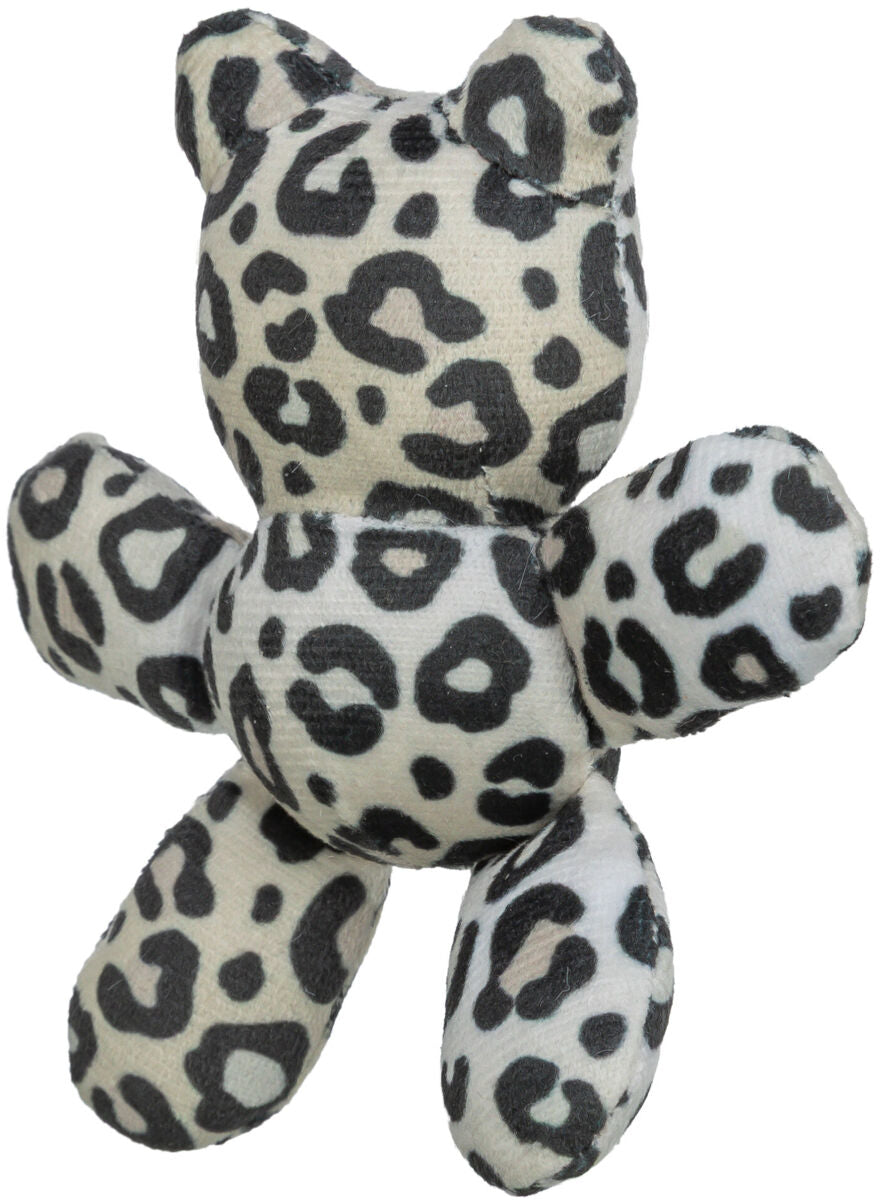 Plüschfigur in Form eines Tieres mit schwarz-weißen Leopardenmuster, aus weichem Material.