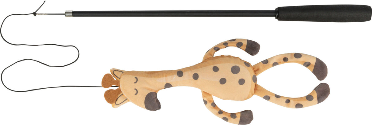Spielangel mit Plüschgiraffe in Beige und Schwarz mit dunklen Punkten, schwarzer Stab und Schnur.