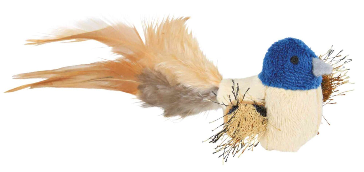 Plüschtier in Vogelgestalt mit blauem Kopf, cremefarbenem Körper und langem, orangefarbenem Schwanz.