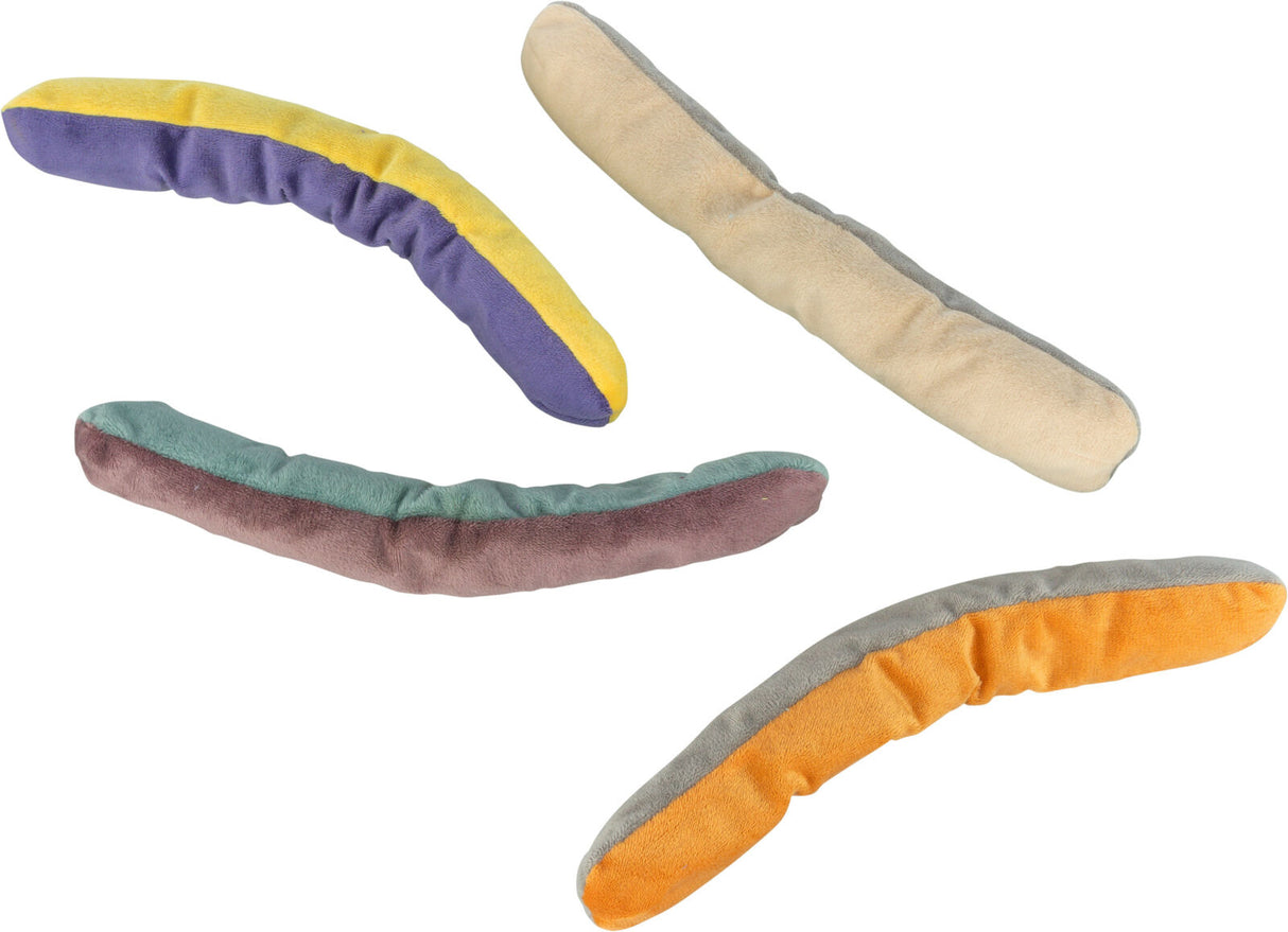Vier längliche, zweifarbige Plüsch-Spielzeuge in Orange, Gelb, Beige, Grau, Lila und Grün.