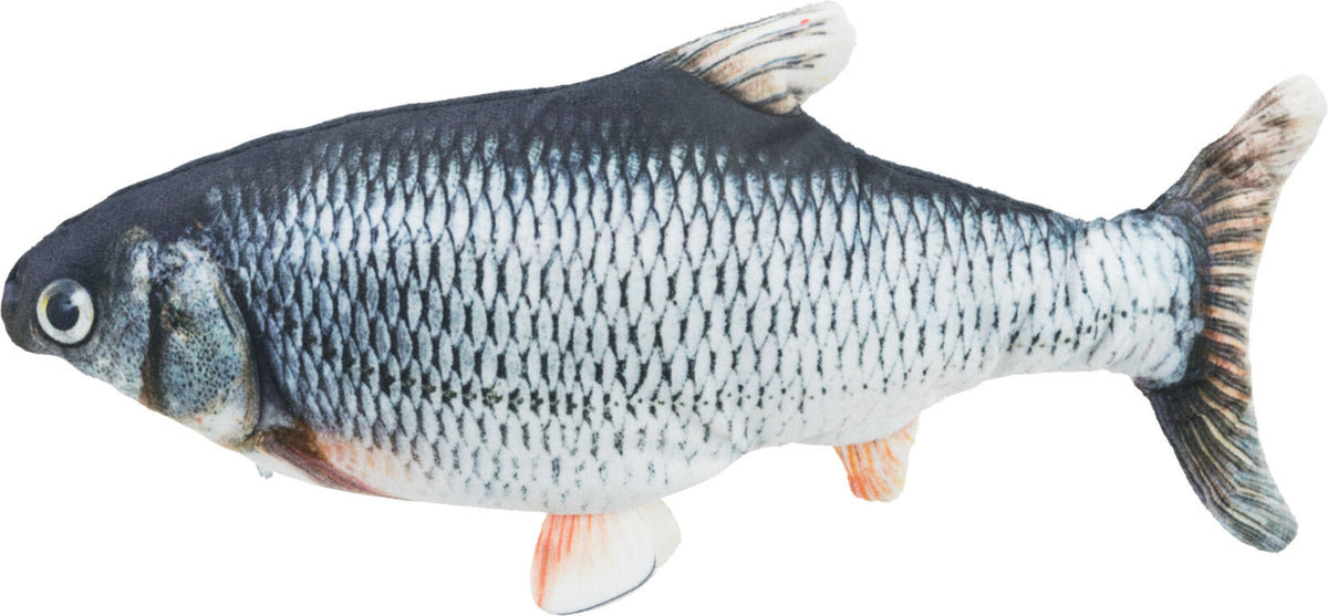 Spielzeugfisch in naturalistischen Farben mit Schuppenmuster, Flossen und Auge imitiert echten Fisch.