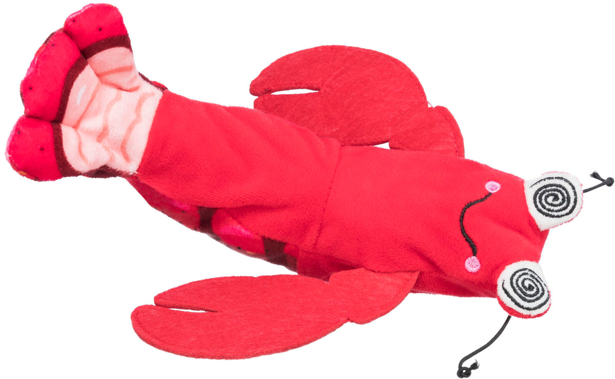 Rotes Plüschspielzeug in Form eines Hummers mit gestickten Augen und Krallen.