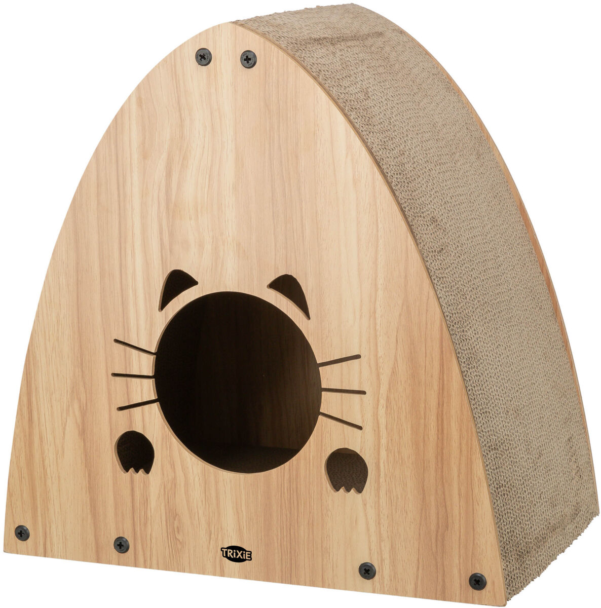Holzförmige Höhle mit katzenförmiger Öffnung und Sisal-Oberfläche, seitlich leicht gebogen.