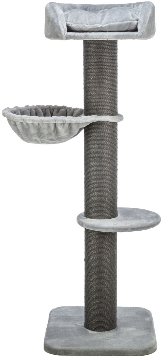 Kratzturm für Katzen mit mehreren Ebenen, grau, mit einer Plattform, einer Hängematte und einer erhöhten Liegefläche.