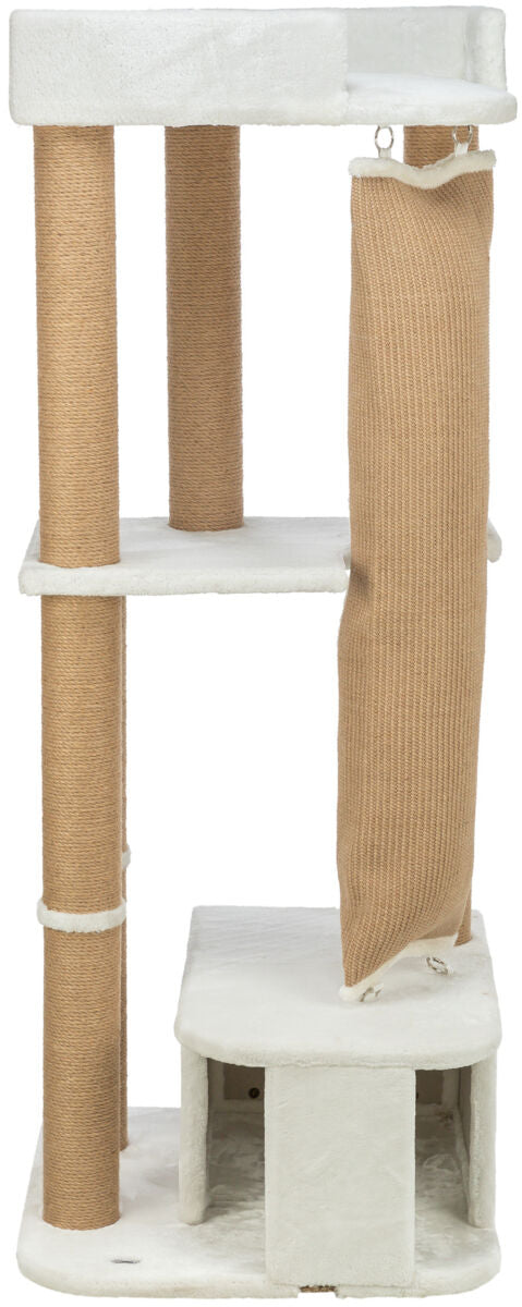 Katzenbaum mit weißem Plüsch, mehreren Ebenen und naturfarbenem Sisal, inklusive Hängematte und Höhle.