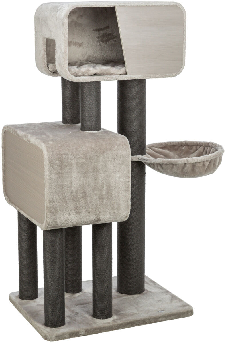 Katzenbaum mit braunem Plüschbezug und mehreren Ebenen, inklusive Höhle und Hängematte auf stabilem Sockel.