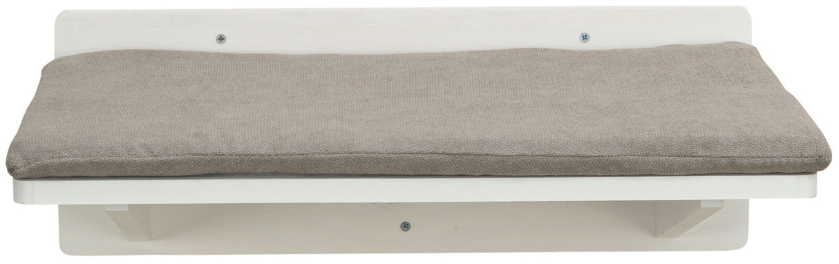 Weiße Wandplattform mit grauem, gepolsterten Kissen, fixiert mit sichtbaren Schrauben.
